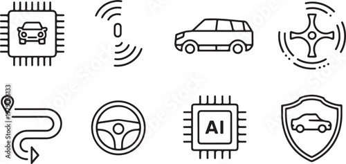 Collection of self drive and autonomous vehicle related icons .Driving and Smart Vehicle Symbols
