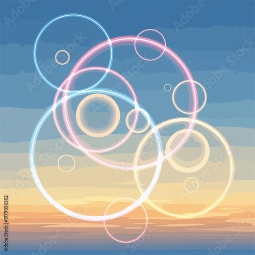 Glowing colorful circles overlaying sunset-colored sky, abstract geometric art