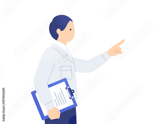 バインダーを持って指示を出す作業服姿の男性の横顔 上半身のベクターイラスト素材