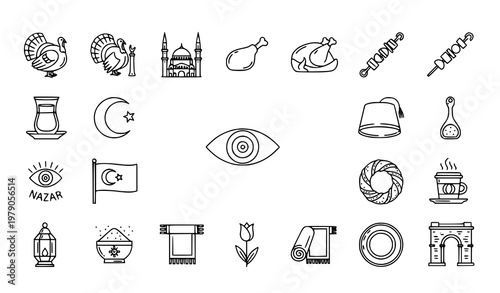 Turkish culture icons in circular layout with food and traditional symbols outline vector pack