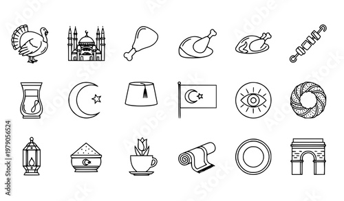 Turkey outline icons set with cultural food symbols and traditional Turkish elements vector collection