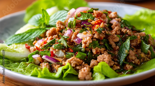 delicious plate of spicy Thai meat salad served on lettuce leaves