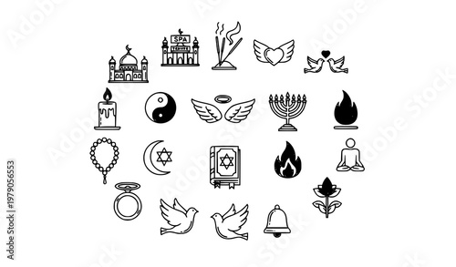 Spiritual religion icons in circular layout with faith symbols outline vector pack for modern design