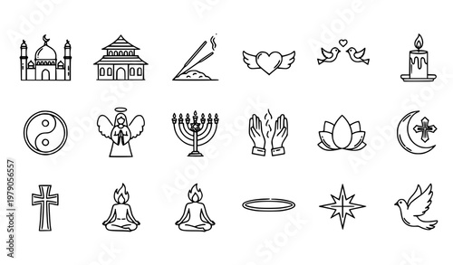 Religion outline icons set with spiritual symbols and faith elements in minimal line style vector collection