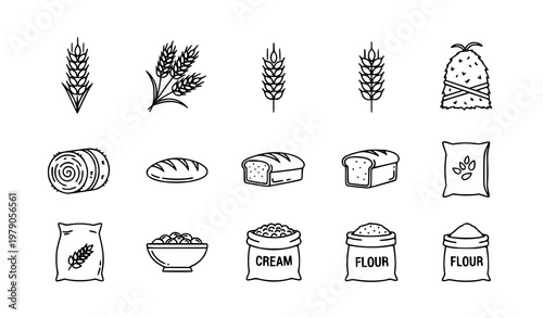 Wheat outline icons set with harvest grain bread and agriculture elements minimal line vector collection