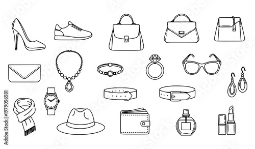 Minimal accessories outline icon collection with fashion shoes bags and jewelry thin line vector set