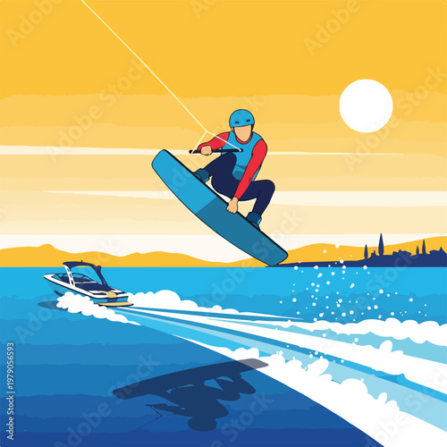 Graphic art of a wakeboarder jumping over the ocean waters