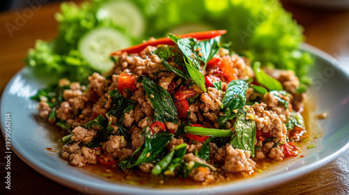 plate of delicious Thai minced meat dish with fresh vegetables on a wooden table