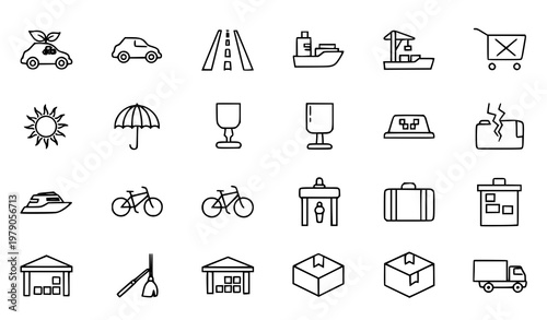 Thin line transport and logistics icons set with eco car shipping warehouse and delivery symbols vector collection