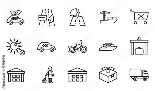 Minimal thin line logistics and transport icon collection with shipping delivery and warehouse symbols