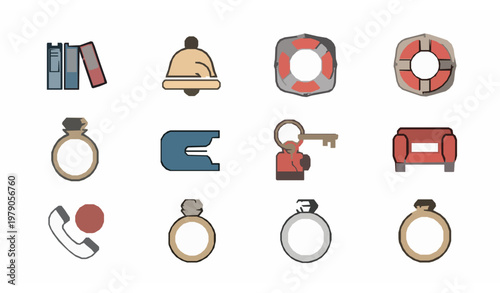 Ring icons set with binder bell lifebuoy and circular symbols filled and outline vector collection