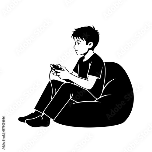 Young man sitting on bean bag chair using smartphone in minimalist room
