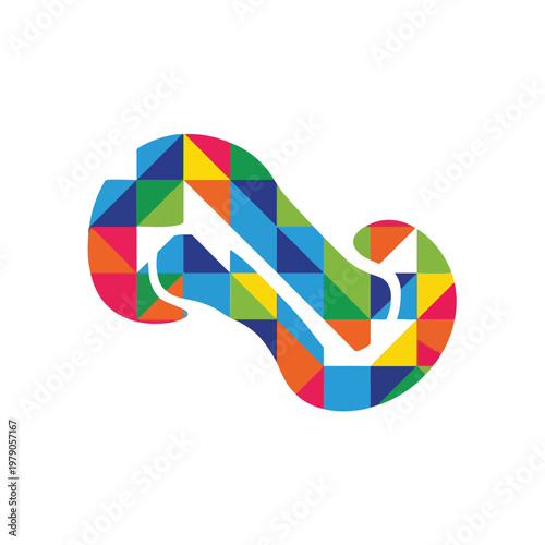 A colorful, geometric pattern forming a stylized link or chain