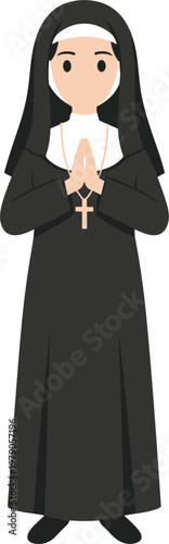  Flat cartoon vector illustration of a catholic nun character in traditional black habit praying with a gold cross.eps