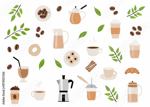 A collection of coffee beans cups and related breakfast items