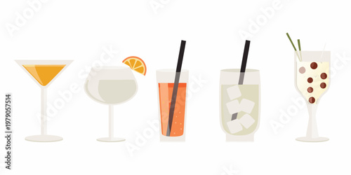 Variety of colorful cocktails and drinks in elegant glasses displayed