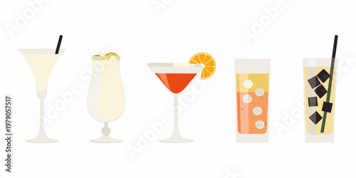 A colorful collection of five different cocktail glasses with garnishes