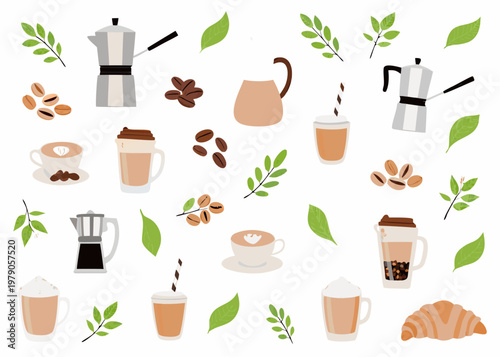 Coffee tea and pastry elements arranged with green leaves on white