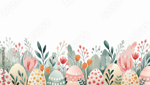 Watercolor easter eggs and floral arrangement on a white background
