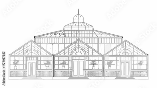 Detailed line drawing of a vintage glass greenhouse structure