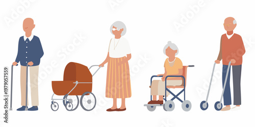 Diverse group of seniors and a baby in a minimalist illustration