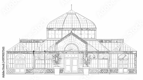 Detailed line drawing of a victorian glasshouse or conservatory structure