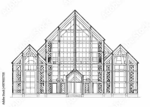 Architectural sketch of a multi level building with a gabled roofline
