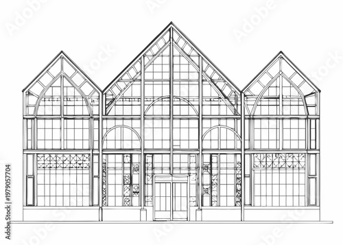 Detailed line drawing of a greenhouse with arched windows and framework