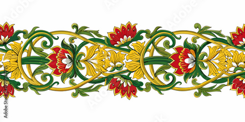 A vibrant floral border featuring stylized red yellow and green blossoms
