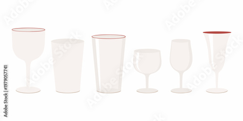 An assortment of empty champagne flutes and wine glasses in a row