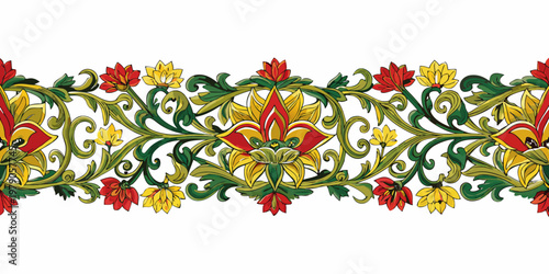 A vibrant floral border design featuring stylized red yellow and green blossoms
