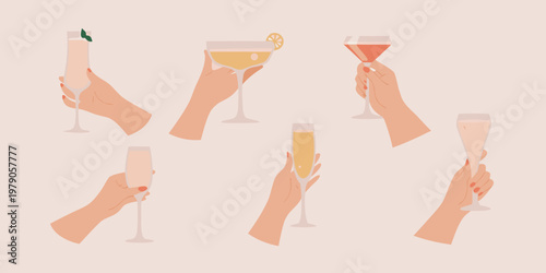 Hands holding various colorful cocktails and champagne glasses in illustration