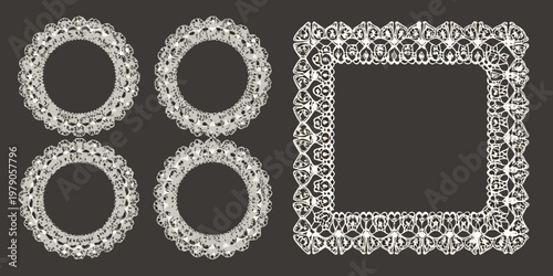 Intricate white lace frames and ovals on a dark background