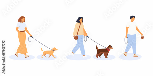 People walking dogs in a line enjoying a casual outdoor stroll