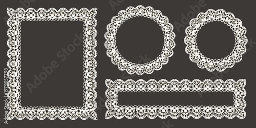 Intricate white lace frames and borders on a dark background