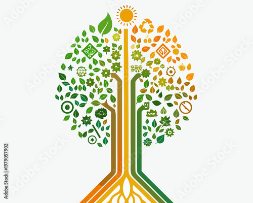 A colorful tree graphic represents growth sustainability and environmental concepts