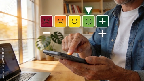 Man using smartphone with customer satisfaction rating interface selecting positive feedback option digital survey service quality user experience mobile app online review modern