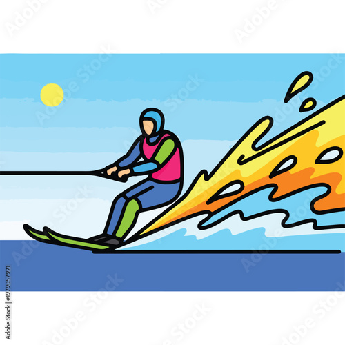 Graphic of a water skier on the water with a burst of water and sun