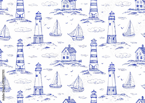 Nautical sketch featuring lighthouses sailboats and coastal houses in a repeating pattern