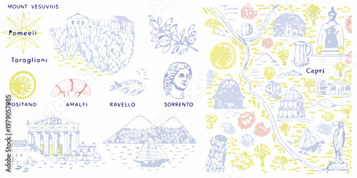 Illustrated map depicting landmarks and locations around the bay of Naples