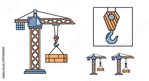 Cranes with hook and brick load.