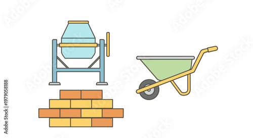 Cement mixer and wheelbarrow tools.