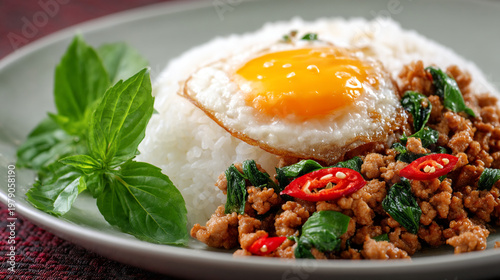 plate of Thai basil chicken with fried egg