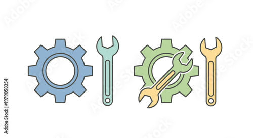 Colorful gear and wrench icons set.