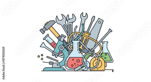Colorful illustration of various tools.