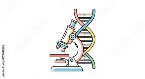 Colorful microscope with DNA double helix.