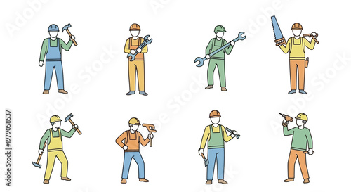 Workers with construction tools standing.