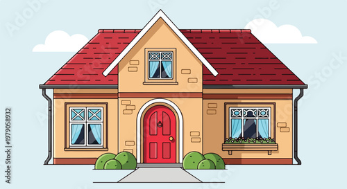 A cartoon house with red door.