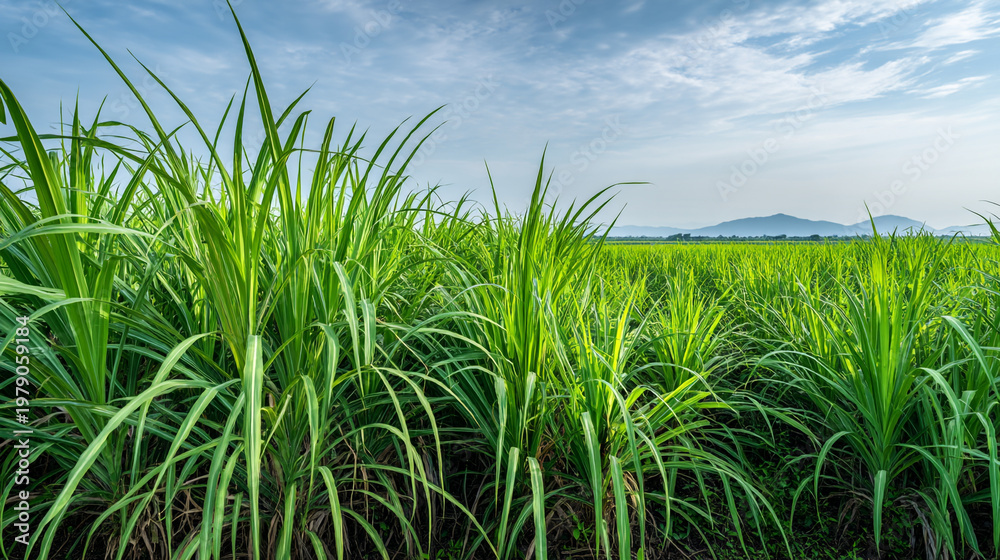 Obraz premium lush green field of tall grass under a blue sky with distant mountains