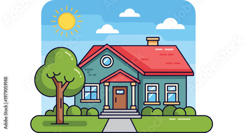 A cartoon house with red roof.